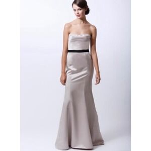 Badgley Mischka Strapless Satin Gown Cashmere with Black Waistband Sz 12 $360